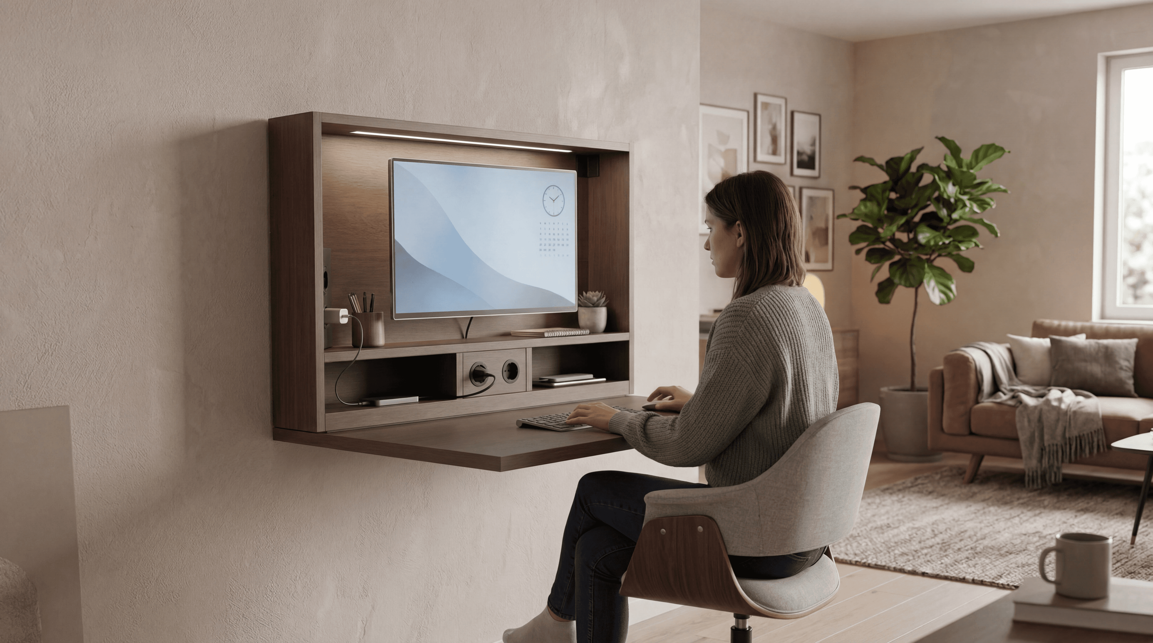 Vrouw werkt aan opklapbaar wandbureau in woonkamer