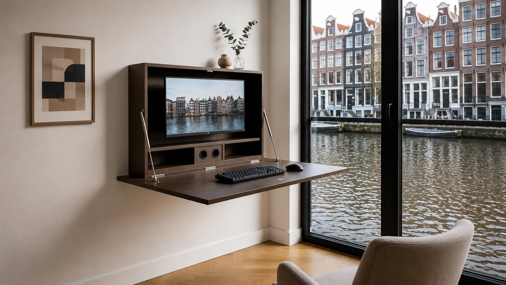 Opengeklapt wandbureau bij een raam met uitzicht op de Amsterdamse grachten