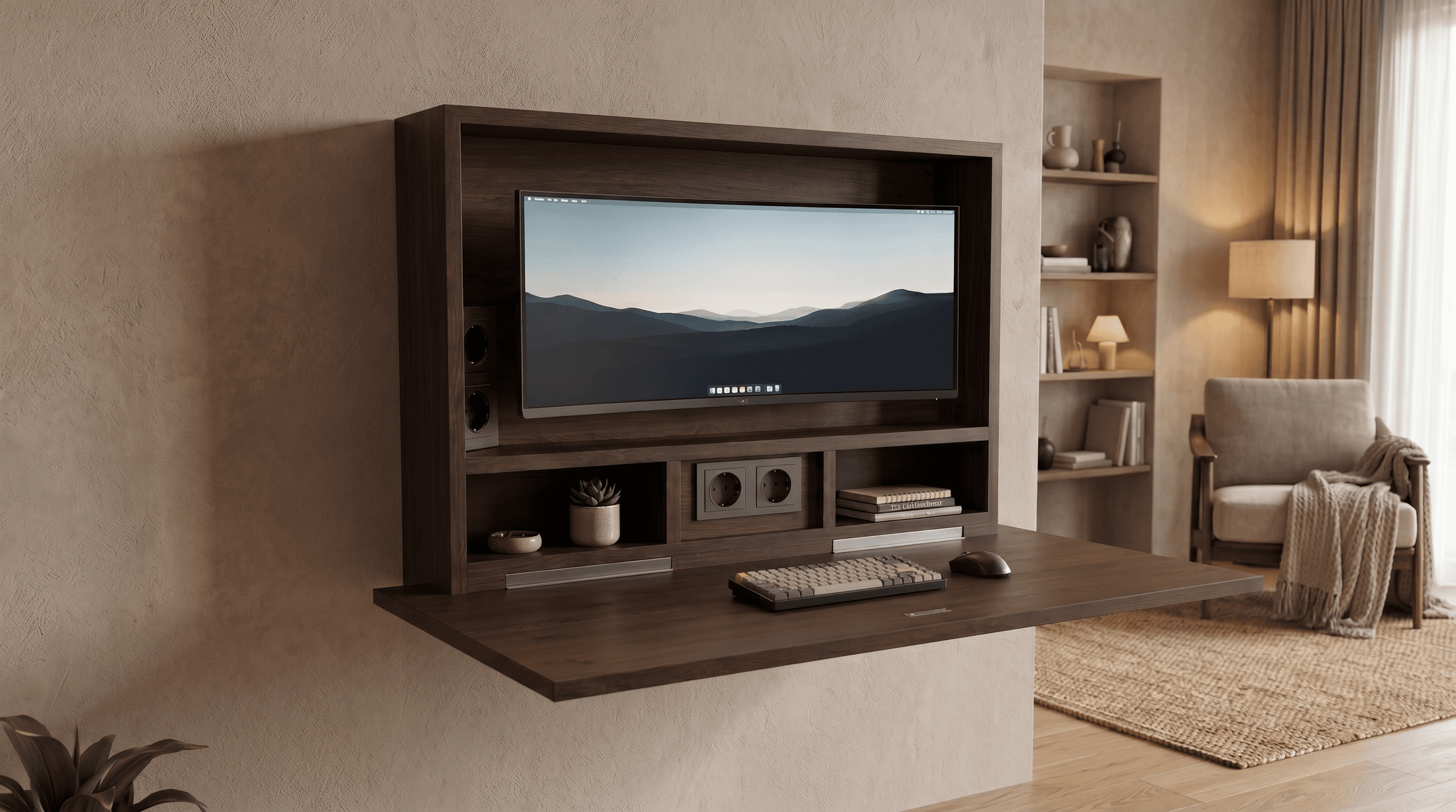 Opklapbaar wandbureau open met monitor en toetsenbord