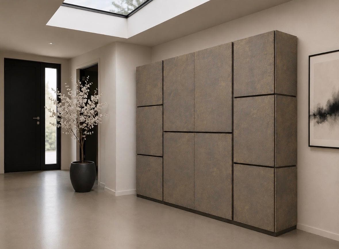 Modulaire kastenwand in bronzen afwerking in de hal