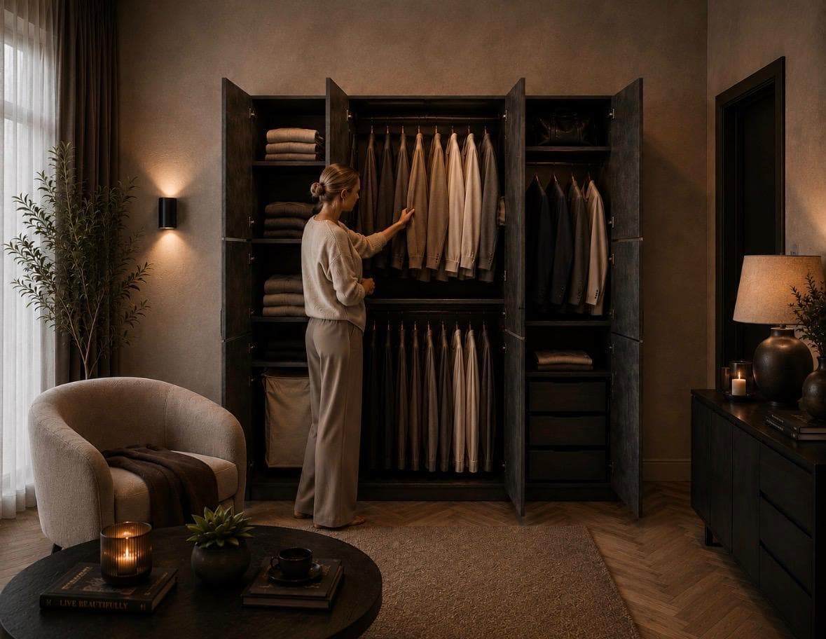 Vrouw kiest kleding uit open modulaire kastenwand
