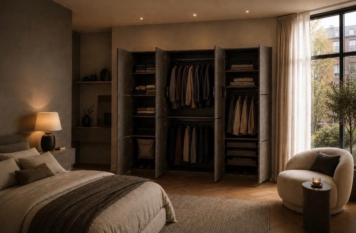 Modulaire kastenwand open met kleding, planken en lades
